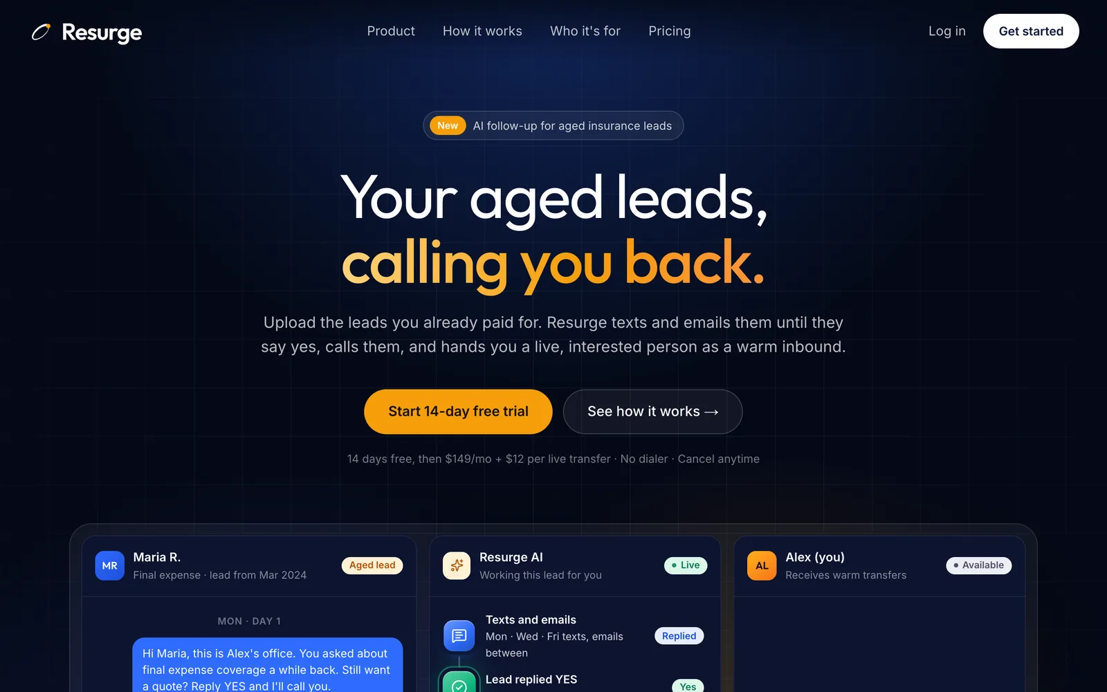 The Resurge homepage: Your aged leads, calling you back.